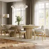 Auden 7 Piece Double Pedestal Dining Set in Natural Brown Wood & Gray Fabric